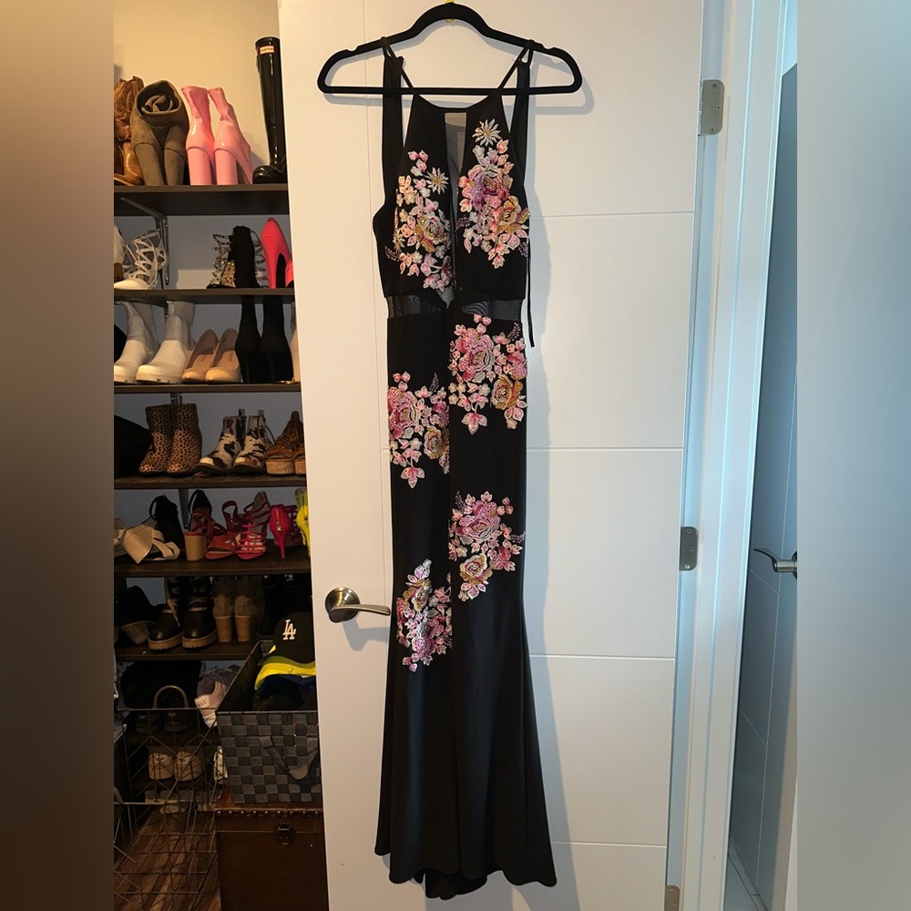 Xscape Black and Pink Embellished Halter Gown